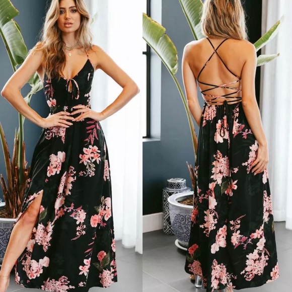 ONE LEFT! Floral Strappy Maxi Dress (Black-Large) - Picture 2 of 4